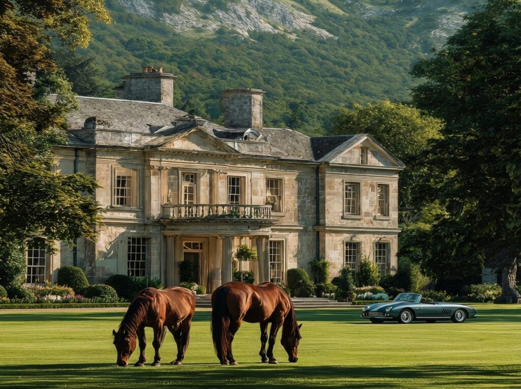 Роскошное поместье в Великобритании. Старинный особняк, породистые лошади на лужайке и старый Aston Martin