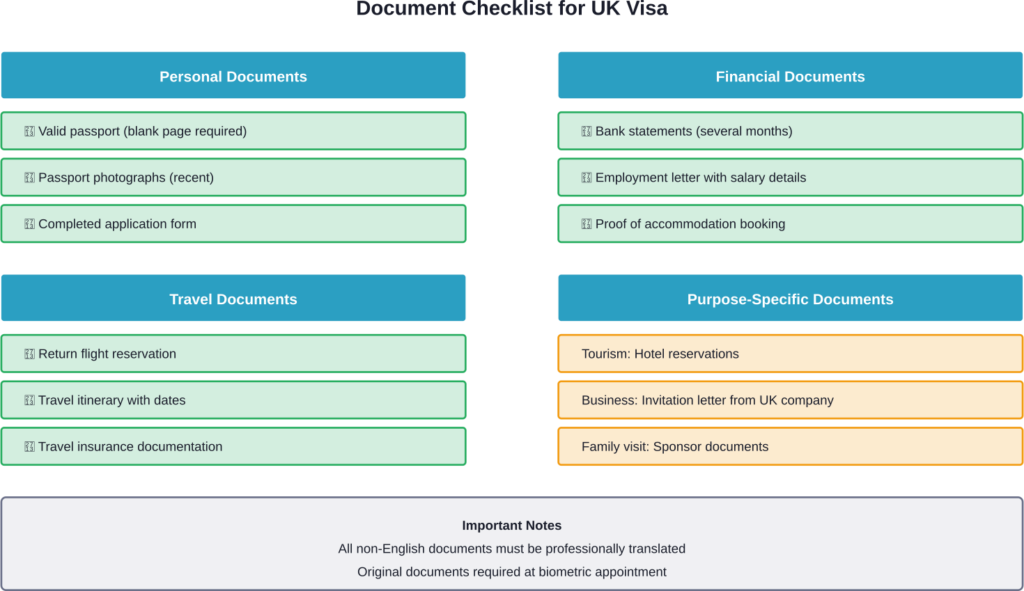 Comprehensive document checklist organized by category for UK visa applications from Kyrgyzstan